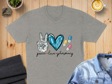 Load image into Gallery viewer, Gray t-shirt with peace sign, heart, and pills design and text "peace love pharmacy".

