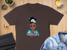Load image into Gallery viewer, Brown t-shirt with illustration of a nurse with butterflies and "CNA LIFE" text.
