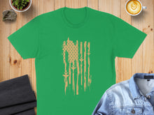 Load image into Gallery viewer, Green t-shirt with distressed American flag design and ski pole elements.
