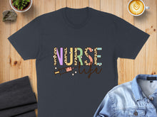 Load image into Gallery viewer, Dark grey t-shirt with "Nurse life" text and a syringe graphic.
