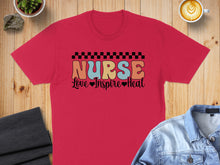Load image into Gallery viewer, Red t-shirt with "Nurse Love Inspire Heal" in colorful retro lettering.
