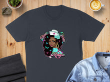 Load image into Gallery viewer, Black nurse with "magic" text and butterflies, on a dark t-shirt.
