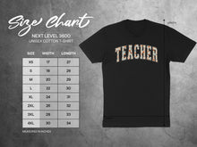 Load image into Gallery viewer, Next Level 3600 unisex cotton t-shirt size chart with width and length measurements.
