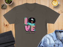 Load image into Gallery viewer, T-shirt with "LOVE" graphic featuring a woman with butterflies and "#nurse life" text.
