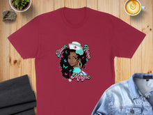 Load image into Gallery viewer, Maroon t-shirt with "Black Nurse Magic" graphic of a woman with butterflies.
