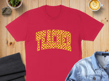 Load image into Gallery viewer, Red t-shirt with yellow checkerboard "TEACHER" text, product flat lay.
