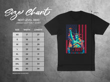 Load image into Gallery viewer, Size chart for Next Level 3600 unisex cotton t-shirt with Statue of Liberty graphic.
