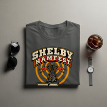 Load image into Gallery viewer, Grey t-shirt with "Shelby Hamfest" text and radio tower graphic.
