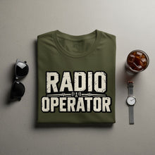 Load image into Gallery viewer, Olive green t-shirt with distressed "RADIO OPERATOR" text and radio tower graphic.
