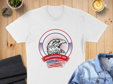 Load image into Gallery viewer, White t-shirt with eagle and American flag graphic for Independence Day.
