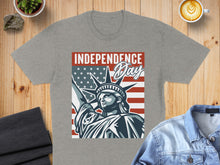 Load image into Gallery viewer, Gray t-shirt featuring Statue of Liberty and American flag with "Independence Day" text.
