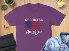 Load image into Gallery viewer, Purple t-shirt with distressed American flag and "God Bless America" text.
