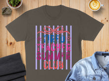 Load image into Gallery viewer, Tired Teacher Summer Club text design with striped background and bow.
