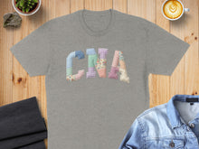 Load image into Gallery viewer, Gray t-shirt with "CNA" in colorful patchwork applique letters.
