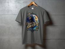 Load image into Gallery viewer, Gray t-shirt with "Chasing the Gray Line" graphic featuring a globe, compass, and radio tower.
