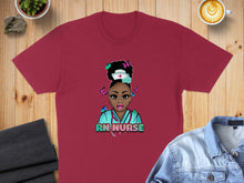 Load image into Gallery viewer, Burgundy t-shirt with cartoon nurse graphic, "RN NURSE" text, and butterflies.
