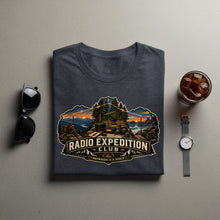 Load image into Gallery viewer, T-shirt with "Radio Expedition Club Anywhere is a Shack" graphic.
