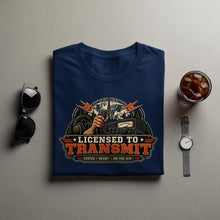 Load image into Gallery viewer, Dark blue t-shirt with "Licensed to Transmit" radio graphic.
