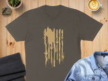 Load image into Gallery viewer, Brown t-shirt with distressed American flag graphic and coffee cup.
