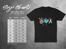 Load image into Gallery viewer, Next Level 3600 unisex t-shirt size chart with graphic.
