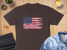 Load image into Gallery viewer, Distressed American flag graphic on a brown t-shirt.
