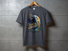Load image into Gallery viewer, Dark gray t-shirt with a graphic of the Earth and "Chasing the Gray Line" text.
