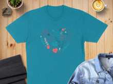 Load image into Gallery viewer, Teal t-shirt with heart-shaped graphic of medical symbols and the words "nurse" and "patience".
