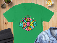 Load image into Gallery viewer, Green t-shirt with colorful "Nurse" flower graphic and stethoscope.
