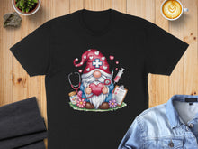 Load image into Gallery viewer, Gnome with stethoscope, heart, and syringe on nurse-themed t-shirt.
