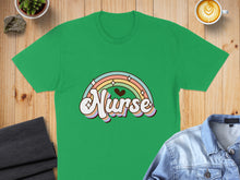 Load image into Gallery viewer, Green t-shirt with retro rainbow and "Nurse" text.
