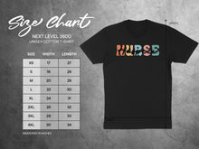 Load image into Gallery viewer, Size chart for a Next Level 3600 unisex cotton t-shirt showing measurements in inches.
