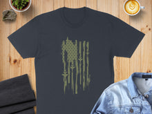 Load image into Gallery viewer, Dark gray t-shirt with distressed olive green American flag and fighter jet design.
