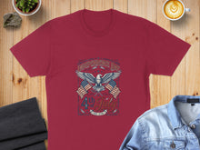 Load image into Gallery viewer, Maroon t-shirt with "Independence Day" and American flags graphic.
