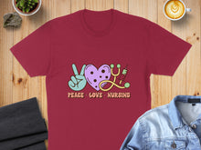 Load image into Gallery viewer, Burgundy t-shirt with "Peace Love Nursing" text and icons.
