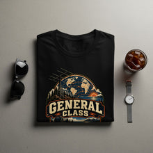 Load image into Gallery viewer, Black t-shirt with "General Class" graphic featuring a globe, radio tower, and landscape.
