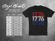 Load image into Gallery viewer, Next Level 3600 t-shirt size chart with width and length measurements.
