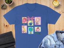 Load image into Gallery viewer, Blue t-shirt with colorful school-themed icons in a grid pattern.
