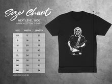 Load image into Gallery viewer, Guitarist Graphic Unisex T-Shirt Size Chart Template
