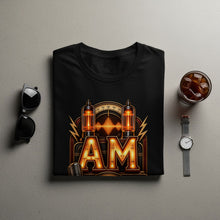 Load image into Gallery viewer, Black t-shirt with vintage AM radio graphic, vacuum tubes, and microphone.
