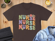 Load image into Gallery viewer, Brown t-shirt with "Nurse Nurse Nurse" text in colorful retro font.
