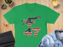 Load image into Gallery viewer, Green t-shirt with distressed American flag "47" and airplane graphic.
