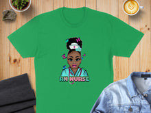 Load image into Gallery viewer, Green t-shirt with cartoon nurse illustration and "RN NURSE" text.
