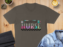 Load image into Gallery viewer, T-shirt with "Preregistered Nurse" text in colorful leopard print.
