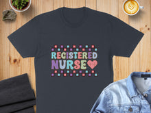 Load image into Gallery viewer, Dark gray t-shirt with "REGISTERED NURSE" text in colorful squares and a heart.
