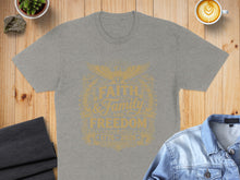Load image into Gallery viewer, Grey t-shirt with "Faith, Family, Freedom" in gold lettering and 1776-2026.
