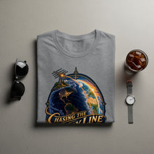 Load image into Gallery viewer, Grey t-shirt with "CHASING THE CONSTELLATION LINE" graphic of Earth and antenna.
