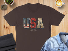Load image into Gallery viewer, Brown t-shirt with "USA" text in distressed American flag colors.
