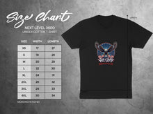 Load image into Gallery viewer, Next Level 3600 t-shirt size chart and 4th of July graphic.

