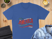 Load image into Gallery viewer, Blue t-shirt with distressed "AMERICA" graphic in red, white, and blue.
