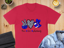 Load image into Gallery viewer, Red t-shirt with peace sign, heart, pharmacy symbol, and text.
